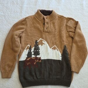 Gymboree Brown and Cream Mountain & Bear Zip-Up Knit Sweater